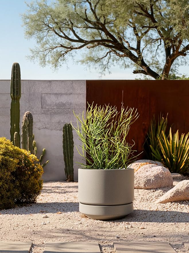 LE TAUCI Large 14 Inch Plant Pot with Saucer | Ceramic Outdoor & Indoor Big Planter Pot | Drainage Hole, Mesh Pad & Plug | Unglazed Porous | Modern Minimalist for Home and Patio – Neutral Gray - Bloomnest