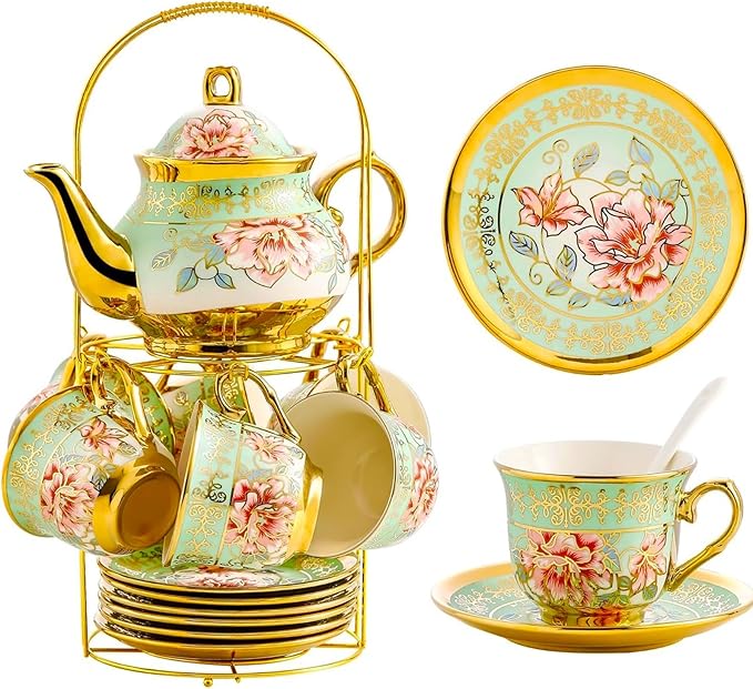 20 Pieces Porcelain Tea Set With Metal Holder, European Ceramic tea set for adults,Flower Tea Set,Tea Set For Women With Flower Painting（Light Green） - Bloomnest