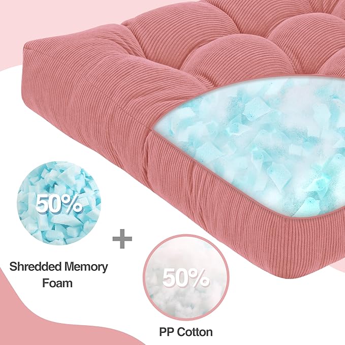 Floor Pillow Cushions for Adults Sitting Large Big Pillows for Floor Seating Square Memory Foam Thick Tufted, 22 x 22 Inch, Set of 2, Pink - Bloomnest
