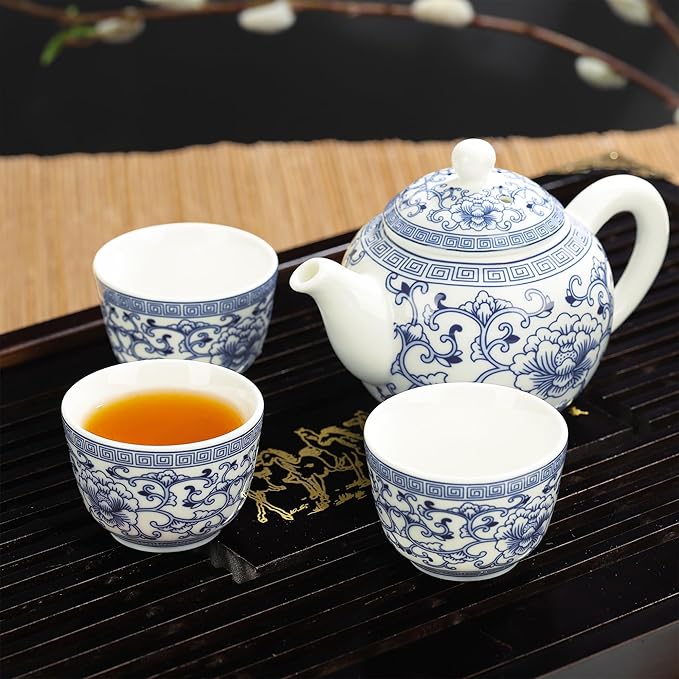 fanquare Kung Fu Tea Sets, Peony Pattern Blue and White Porcelain Teapot with Cups, Tea Tray, Chinese Tea Ceremony Set with Fair Cup, Tea Canister for Home Office and Gifts