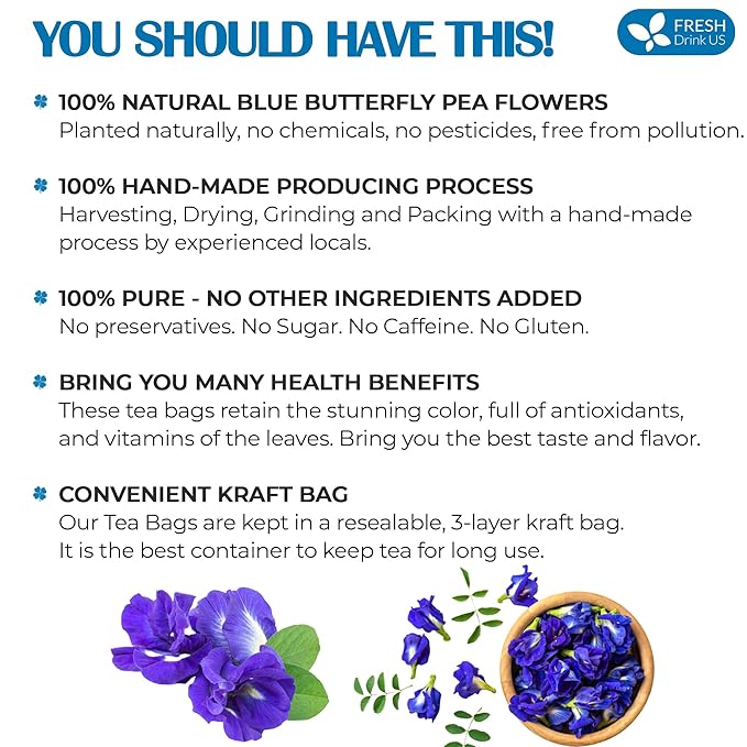 FRESHDRINKUS Premium 55 Butterfly Pea Flowers Tea Bags,100% Pure, Organic, Non GMO, Made With Organic Bags, Sugar/ Caffeine/ Gluten Free, Wildcrafted, Vegan, Handmade Product - Bloomnest