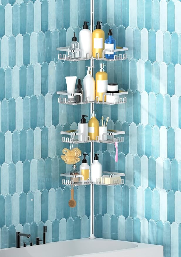 KEGII Adjustable Shower Caddy Corner Tension Pole, Rustproof Shower Rod Organizer with Hooks, Floor to Ceiling Tension Rod 25-114.2 Inch, Bathtub Storage Organizer for Shampoo, 4-Tier Silver - Bloomnest