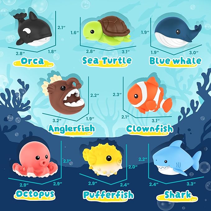 8 PCS Ocean Animal Bath Toys Mold Free Infant Bath Tub Toys for 12 Months - No Hole Bathtub Toys for Toddlers 1-3 Water Pool Toys for Baby Toddler Ages 1+ - Bloomnest