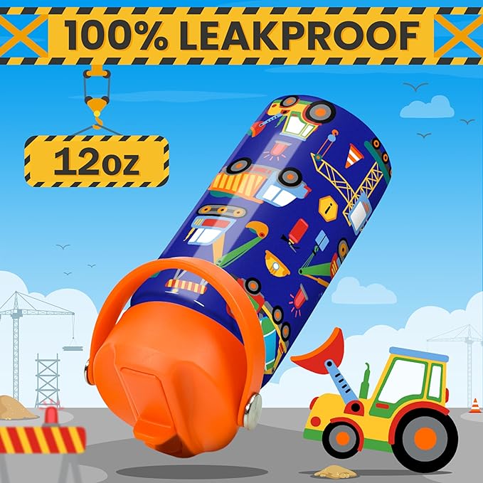 Construction Water Bottle - Kids Water Bottle with Straw Lid - 12 Oz Insulated Stainless Steel Water Bottles for Kid Boys - Travel Cup for School Sports - Bloomnest
