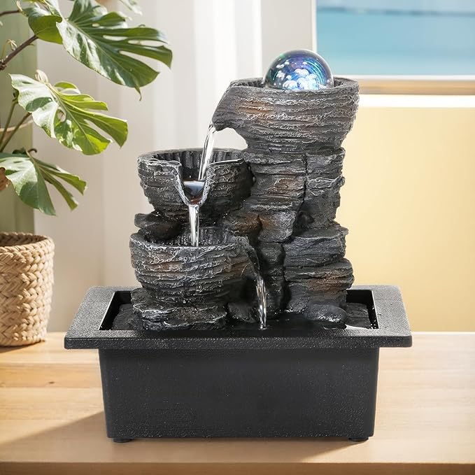 Crystal Ball Tabletop Water Fountain with LED Lights - 3-Tier Indoor Waterfall Feature for Relaxation, Natural Humidifier for Home and Office Decor, 10''X9''X6.9