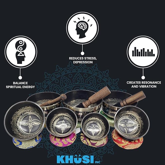 KHUSI Tibetan Singing Bowl Set of 7, Thadobati, Handcrafted, Mantra Engraved Singing Bowl for Yoga, Chakra healing, Relaxation, Stress Relief, Comes w/silk cushions, 7 sticks, Brocade Box - Bloomnest