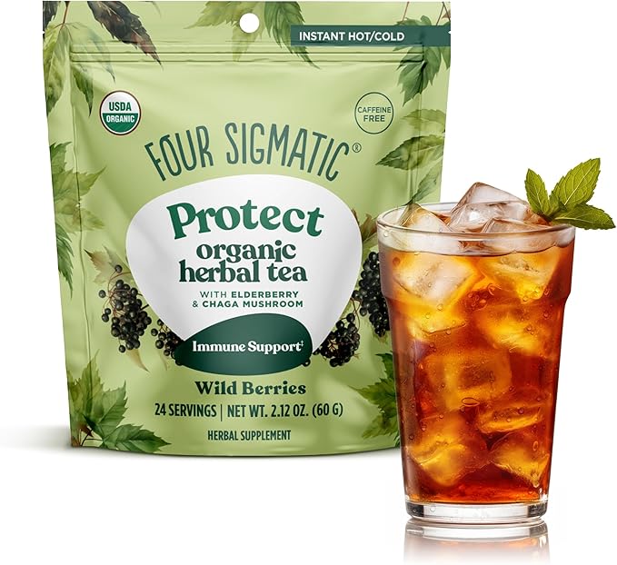 Four Sigmatic Protect Organic Herbal Tea | Immunity Tea w/Chaga & Adaptogens | Organic Chaga Tea w/Antioxidant-Rich Cherry, Elderberry & Blueberry | Vegan, Gluten-Free | Wild Berries, 24 Servings - Bloomnest