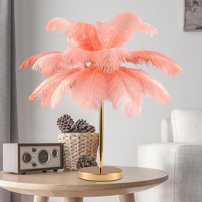MAYOLA Modern Ostrich Feather Table Lamp with Plug in Wire,3-Light Bedside Floor Lamp for Living Room, Bedroom and Office 24” Tall Feather Desk Lamp (Pink, Table Lamp-Metal) - Bloomnest