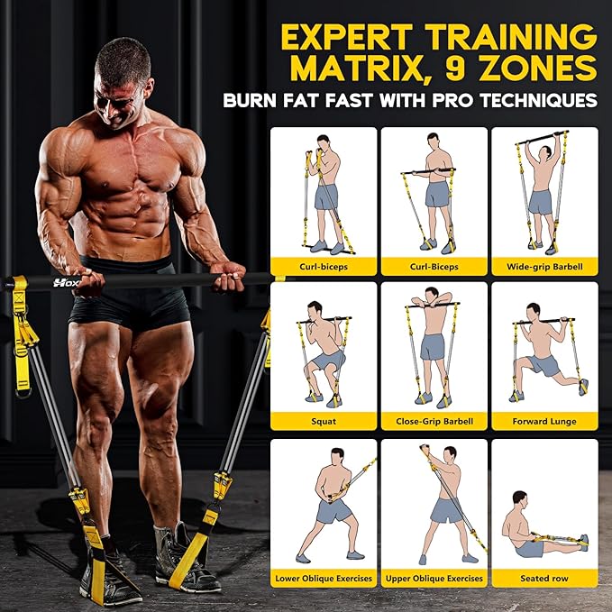 Pilates Equipment, Portable Pilates Bar Kit with Resistance Bands, Professional Adjustable Heavy Duty Squat Workout Equipment for Men, Home Gym Muscle Strength Training, Full Body Exercise - Bloomnest