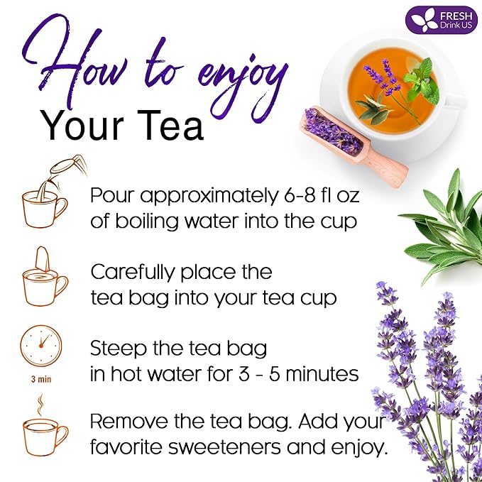 FreshDrinkUS, Premium 55 Tea Bags Lavender Mint Tea, 100% Natural, Blend of Lavender, Peppermint, Sage and Licorice. Made with Natural Material Tea Bags. No Sugar, No Caffeine, Vegan. - Bloomnest