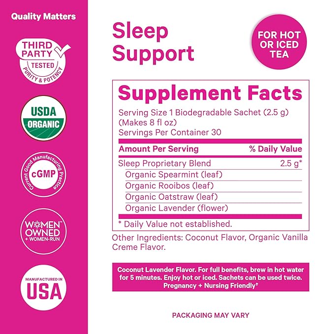 Pink Stork Organic Sleep Tea - Melatonin-Free - Calming Lavender Coconut Herbal Tea to Naturally Support Sleep - Pregnancy Friendly Bedtime Tea, Caffeine-Free - 15 Sachets, Hot or Iced - Bloomnest