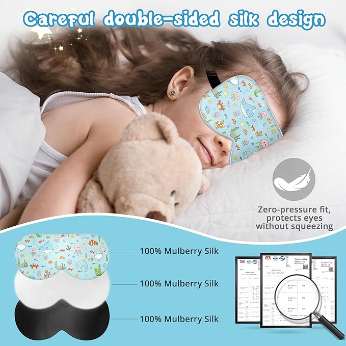 Kids Sleep Mask Eye Cover: 100% Real Natural Pure Silk Eye Mask with Adjustable Strap, Funny Blindfold Kids Eye Mask for Sleeping, Soft & Lightweight Eye Shade for Boys Girls Teens (Ocean Style) - Bloomnest