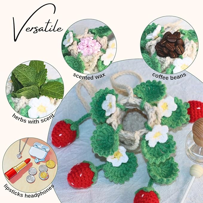 Handmade Crochet Hanging Car Air Freshener - Cute Strawberry Plant Design, 12ml Refillable Thick Glass Bottle, Car Diffuser for Rearview Mirror, Home & Office Decor - Bloomnest