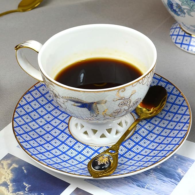 ACMLIFE Bone China Tea Cup and Saucer Set for 1, Vintage Floral Tea Cup with Saucer, Spoon and Gift Box, 6.8 oz (Blue B) - Bloomnest