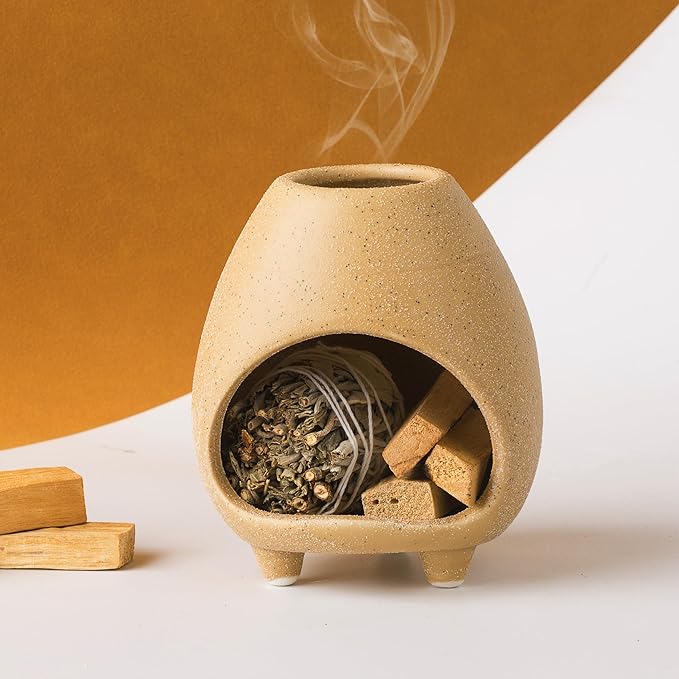 Palo Santo Holder Burner, Handcrafted Ceramic Incense Holder Burner and Ash Catcher for Palo Santo Sticks or sage Bundles, Smudge Bowl, Meditation Home Decor(Beige) - Bloomnest