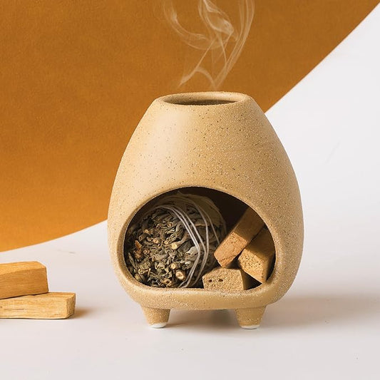 Palo Santo Holder Burner, Handcrafted Ceramic Incense Holder Burner and Ash Catcher for Palo Santo Sticks or sage Bundles, Smudge Bowl, Meditation Home Decor(Beige) - Bloomnest