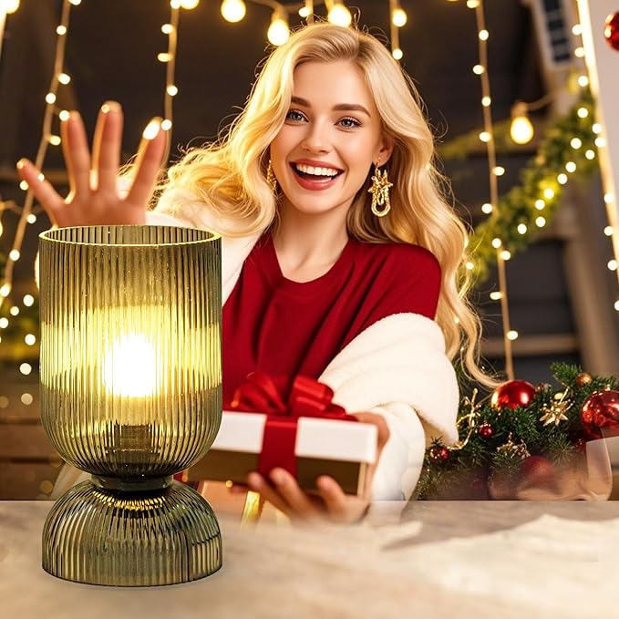 Modern RGB Glass Table Lamp with Remote，Color Changing Bedside Lamp with Ribbed Glass Shade, 16 Colors, On/Off Cord Switch, Nightstand Lamp for Bedroom, Living Room, Office, Bulb Included - Bloomnest