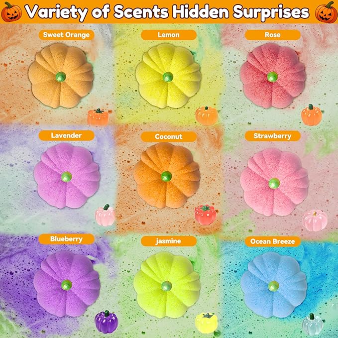 Halloween Bath Bombs for Kids Gifts: 9 Pcs Pumpkin Bath Bomb with Toys Inside Surprise Spider Light up Bath Toy Spooky Basket Stuffers for Kid Boys Girls Ages 3+ Bubble Fall Shower Steamers Bathroom - Bloomnest
