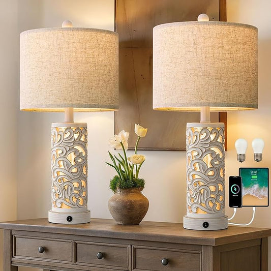 OYEARS 22'' Table Lamp Set of 2 for Living Room,Farmhouse Lamp for for Bedroom,Vintage Retro Bedside Lamps with USB Ports Linen Shade for Home Office (Wash White, Bulb Included) - Bloomnest