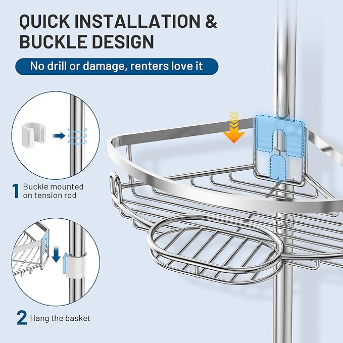 Corner Shower Caddy Tension Pole, 4 Tier Adjustable No Drill Rustproof Large Capacity Space-Saving Shower Shelves Organizer Storage Rack 45.29-119in for Bathroom Bathtub Family Renters, Chrome - Bloomnest