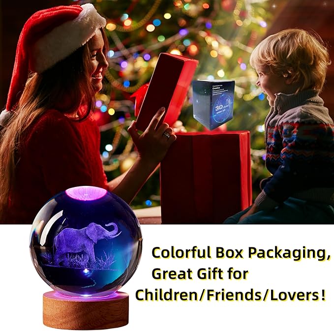 Elephant Crystal Ball Lamp, 3.15 inch, Night Light with Wooden LED Base, Glass Ball with USB, Remote Control, 16 Color Change, Gift Box - Bloomnest