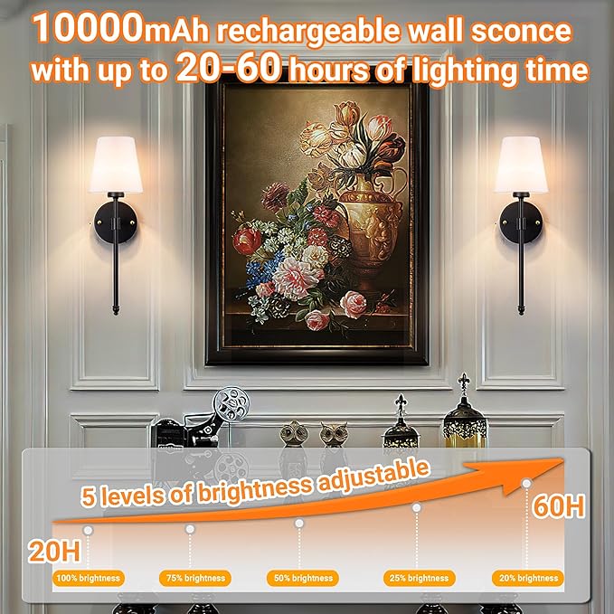 Battery Operated Wall Sconces Set Of 2, Wireless Battery Wall Light With 10000mAh RGB Rechargeable Magnetic Bulb, Rechargeable Wall Sconce With Remote Control For Bedroom, No Electrician Required - Bloomnest