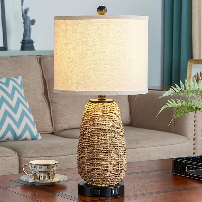 Touch Control Rattan Table Lamps, 3 Way Dimmable Bedside Lamps for Bedroom Set of 2 with 2 USB Ports and AC Outlet, Grass Rope Nightstand Lamps for Living Room Office (2 LED Bulbs Included) - Bloomnest