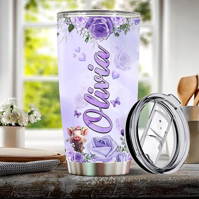 Personalized Pig Tumbler Customized Name Pigs Mugs Gifts For Women Funny Gift Coffee Mug Water Bottle 20oz Valentine For Girls Birthday Christmas Insulated Stainless Steel Cup With Lid - Bloomnest