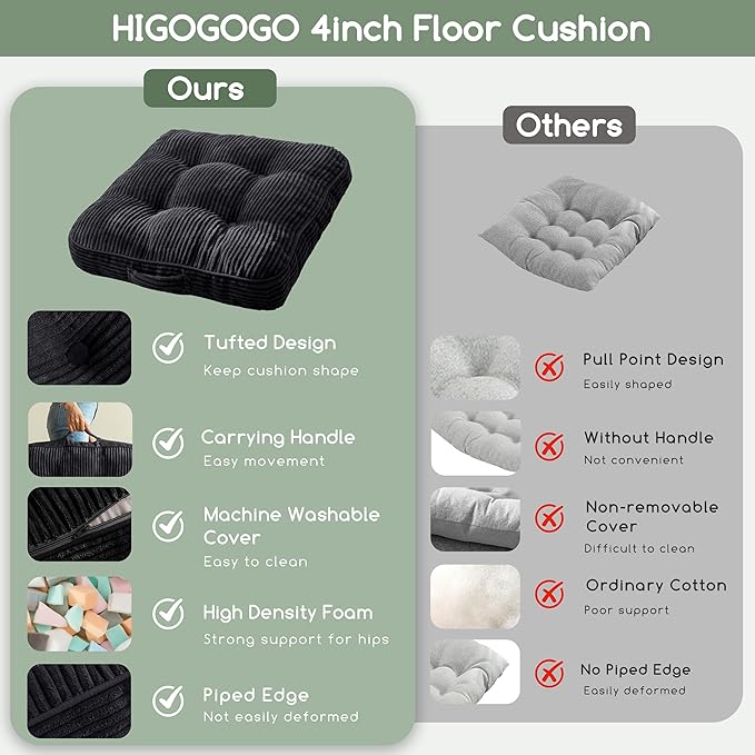 HIGOGOGO Washable Floor Pillow Cushion for Adults, Meditation Cushion Pillow, Large Square Floor Sitting, Removable Tufted Corduroy Cover, for Tatami Living Room or Yoga, 22x22 Inch, Machine Washable - Bloomnest