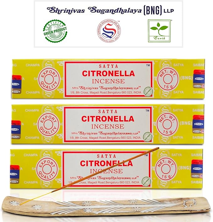 Satya Nagchampa Citronella Incense Sticks, Satya Bng (Bangalore) Insenses 15gmx3 Pack (45 GMS) with Raajsee Incense Holder Bundle, Satya Nagchampa Natural Incense - Bloomnest