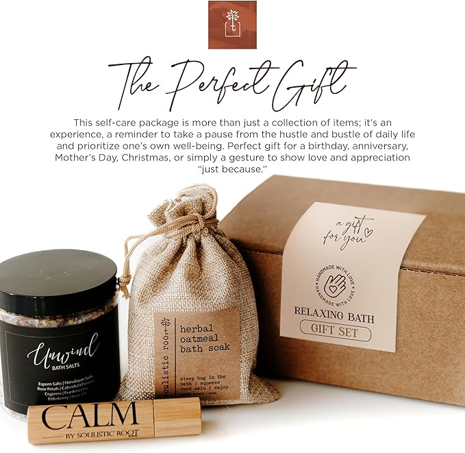SOULISTIC ROOT Revitalizing Bath Gift - Premium Self-Care Bath & Body Set with Lavender Oatmeal Soak, Tranquil Essential Oil Roller, Epsom Salt Soak, Home Spa Kit, Valentine's Day Ready-to-Gift Box - Bloomnest