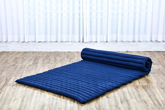 Leewadee - Kapok Roll Mat – Handcrafted Folding Sleep & Relaxation Mattress from Thailand, Ideal as Guest Bed, Camping Mat, Yoga Mat or Traditional Futon, 75 x 39 inches, Blue - Bloomnest