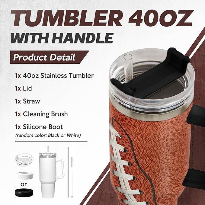 SANDJEST Football Tumbler with Handle 40oz Insulated Stainless Steel Cup with Lid & Straw, Travel Cup, Gifts for Men, Boys, Players, Coaches, Sports Lovers, Christmas, Birthday - Bloomnest