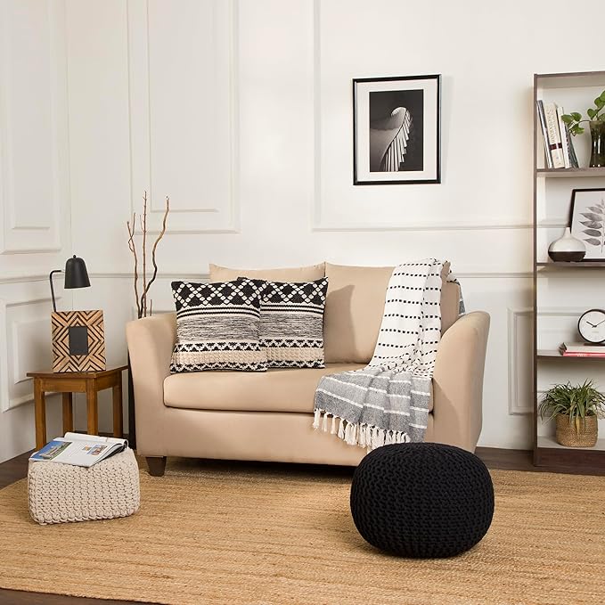 REDEARTH Round Pouf Foot Stool Ottoman - Hand Knitted Bean Bag - Cord Boho Pouffe - Cable Poof Footrest for Living Room - Nursery - Bedroom - Patio - 100% Cotton - Home Decor (19.5"x19.5"x14") - Black - Bloomnest