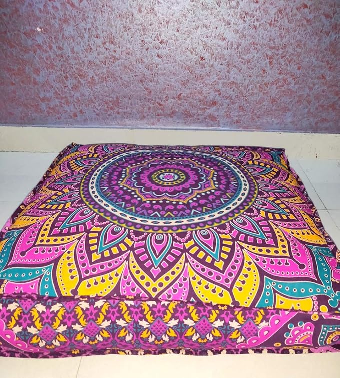 INDIAN CRAFT CASTLE New Pink Ombre 24" Mandala Barmeri Large Floor Pillow Cover Cushion Meditation Seating Ottoman Throw Cover Hippie Decorative Zipped Bohemian Pouf Ottoman Pom Pom Cases 24" Square - Bloomnest