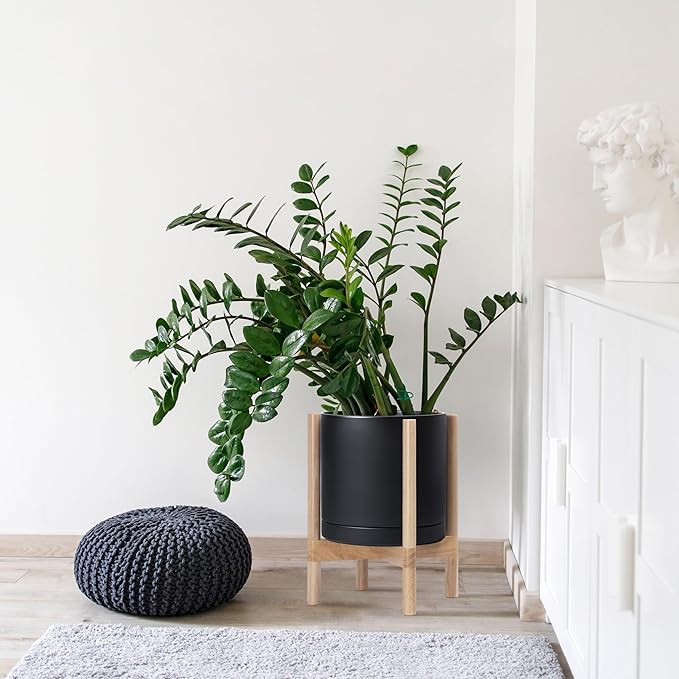 D'vine Dev Ceramic Planter with Natural Stand - 12 Inch Modern Round Flower Pot with Wood Planter Holder, Black, 55-B-J-2 - Bloomnest