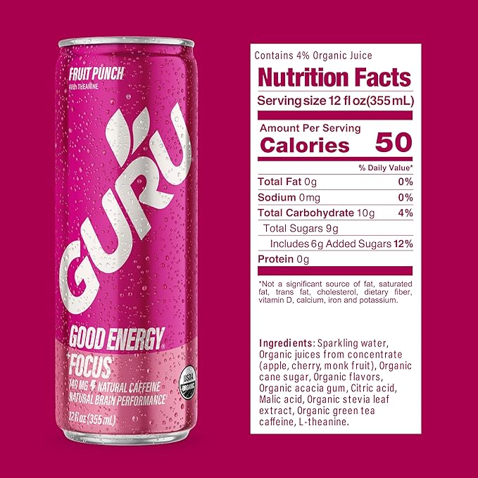 GURU PUNCH Organic Energy Drinks Variety Pack, Clean Energy Drink with Plant Based Natural Caffeine from Green Tea + Focus w/L-Theanine, Gluten Free, 140mg Caffeine, Healthy Drinks, 12oz (Pack of 12) - Bloomnest