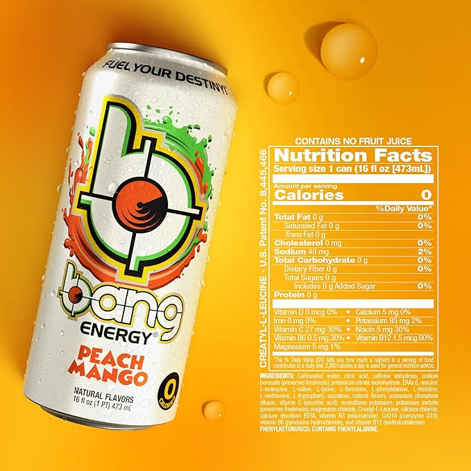 Bang Energy Peach Mango, Sugar-Free Energy Drink, 16-Ounce (Pack of 12) - Bloomnest