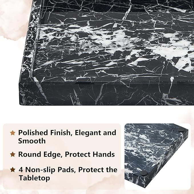 Real Natural Marble Tray for Bathroom, Vanity, Kitchen and Desktop, Rectangle Genuine Marble Stone Tray for Jewelry, Cosmetics, Candles, Lotion, Perfume and Home Decor (Black)