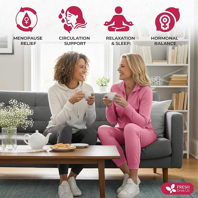 FreshDrinkUS, 40 Tea Bags - Menopause Support Herbal Tea – Soothing Blend with Rhubarb, Hibiscus, Valerian, Passiflora, Ashwagandha, Fennel & Chamomile, Caffeine-Free, Vegan, Non-GMO - Bloomnest