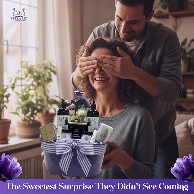 Bella Liz Lavender Gift Set – 14 piece Spa Set with Soy Candle, Handmade Soaps, Body Wash & Lotion, Bath Bombs, Lip Balms, Sugar Scrub, Body Butter & More – Self-Care Gift - Bloomnest