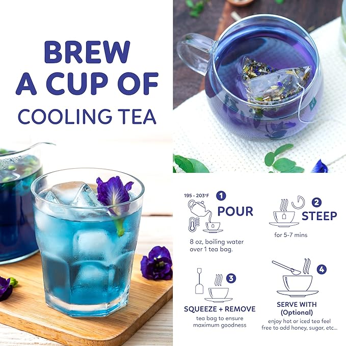 Indochine Blends Cooling Tea | Oolong, Artichoke, Butterfly Pea & Peppermint | Sugar-Free, Caffeine-Free Herbal Tea | Vibrant Blue | Herbal Tea for Relaxation | 4.4 oz | 50 Corn-Fiber Pyramid Bags - Bloomnest