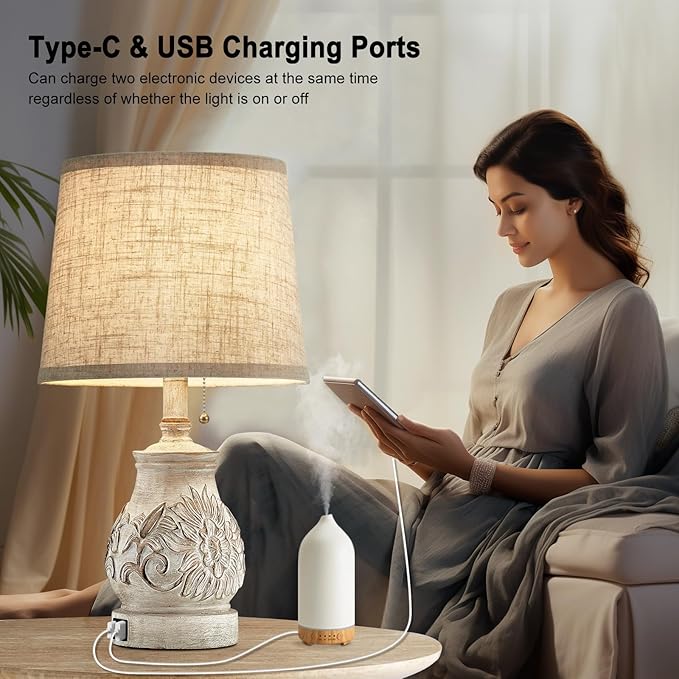 19.5'' Farmhouse Table Lamps for Bedrooms Set of 2 Vintage Bedside Lamps for Nightstand with USB Charging Ports Traditional Rusic Side Table Lamps for Living Room Wooden Carved Floral, Pull Chain - Bloomnest