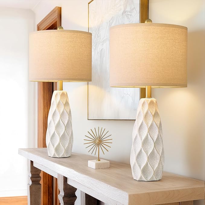 27.5" Ceramic Table Lamps for Living Room Bedroom Lamps Set of 2 Modern Boho Bedside Lamps Night Stands Farmhouse Vintage Large Nightstand Lamp Reading Light Home Office Dorm Desk Deco Gifts, White - Bloomnest