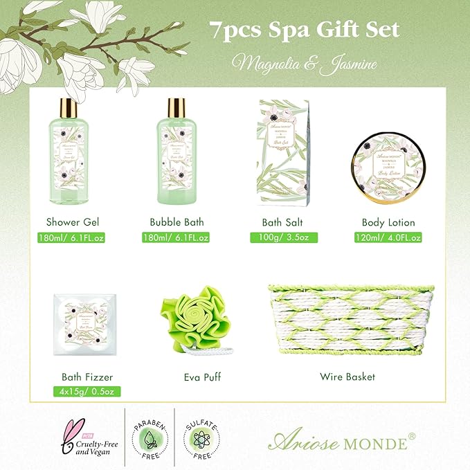 Spa Gifts for Women, Bath Sets, 7Pcs Spa Gift Set w/Shower Gel, Bubble Bath, Bath Salts, Bath Bomb, Body Lotion, Christmas Gifts for Women, Magnolia & Jasmine Bath Set - Bloomnest