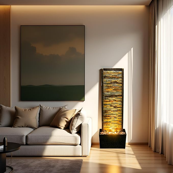 Cheng Pin Indoor Water Fountain -Staggered Stone Wall Design,Create Relaxing Ambiance to Decor Your Living Room,Office,Bedroom Or Outdoor Garden with Waterfall Water Feature and LED Lights,38in. Tall - Bloomnest