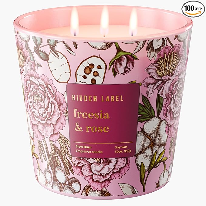 Giant Candle Freesia Rose Scented, 30oz Natural Non Toxic Soy Candles, 3 Wicks Aromatherapy Candles for Home Scented, Up to 100Hours Clean Burn,Long Lasting, Extra Large Jar Candles for Women - Bloomnest