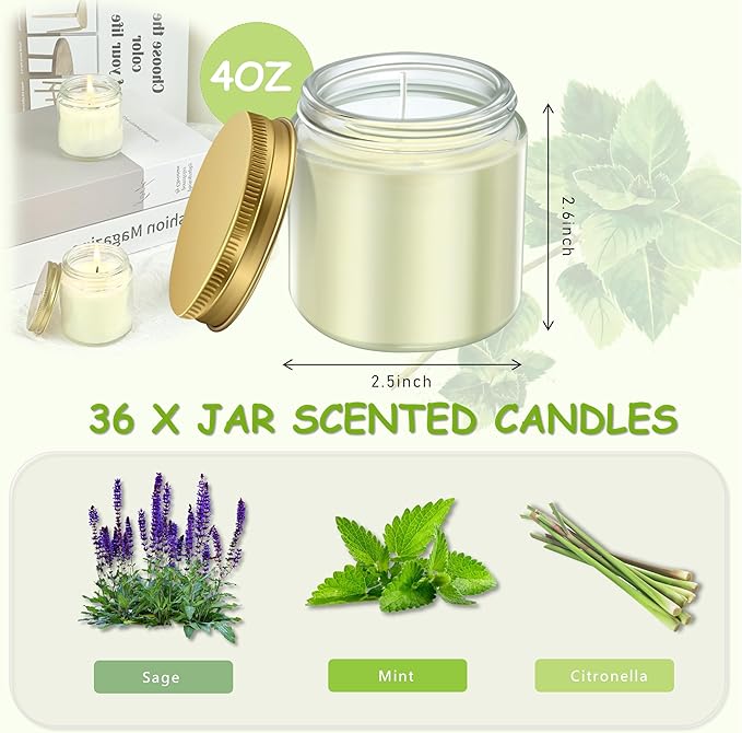 ACITHGL 36 Pcs 4oz Mini Mason Jar Candles Small Scented Candles Bulk Aromatherapy Ideal Souvenir Favors for Wedding Birthday Party (Sage, Mint, Citronella, Gold) - Bloomnest