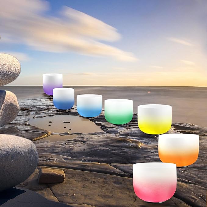 Ryan Dvan 432Hz 7"-12" Set of 7 Crystal Singing Bowl Set – Gradient Color Quartz Bowls for Chakra Healing, Meditation, Sound Bath & Yoga.Sound Therapy Tools with Suede Mallets & O-Rings. - Bloomnest