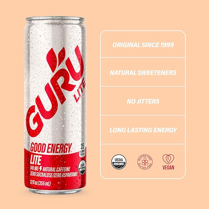 GURU Lite Organic Energy Drinks, Clean Energy Drink with Plant Based Natural Caffeine from Green Tea, Low Calorie, Gluten Free and Vegan, 140MG Caffeine, Healthy Drinks, 12oz (Pack of 24) - Bloomnest